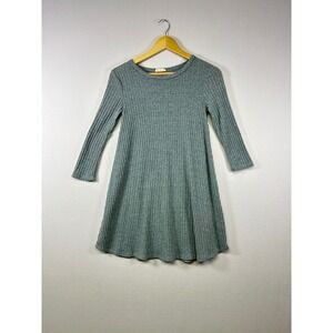 Pinc Ribbed Knit Dress Womens Medium Grey 3/4 Sleeve A-Line‎ Mini Crew Neck